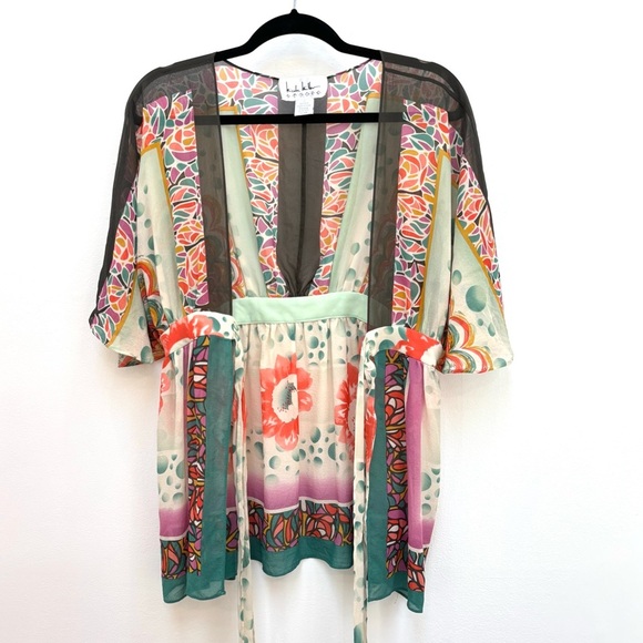 Vintage Nicole Miller Silk Chiffon Kimono Top Sheer Floral Tie Front Size Small - Picture 12 of 13